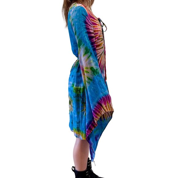 Tie Dye Hippie Wook Festival Bell Sleeve Psychedelic Priestess Mini Dress - Picture 7 of 8
